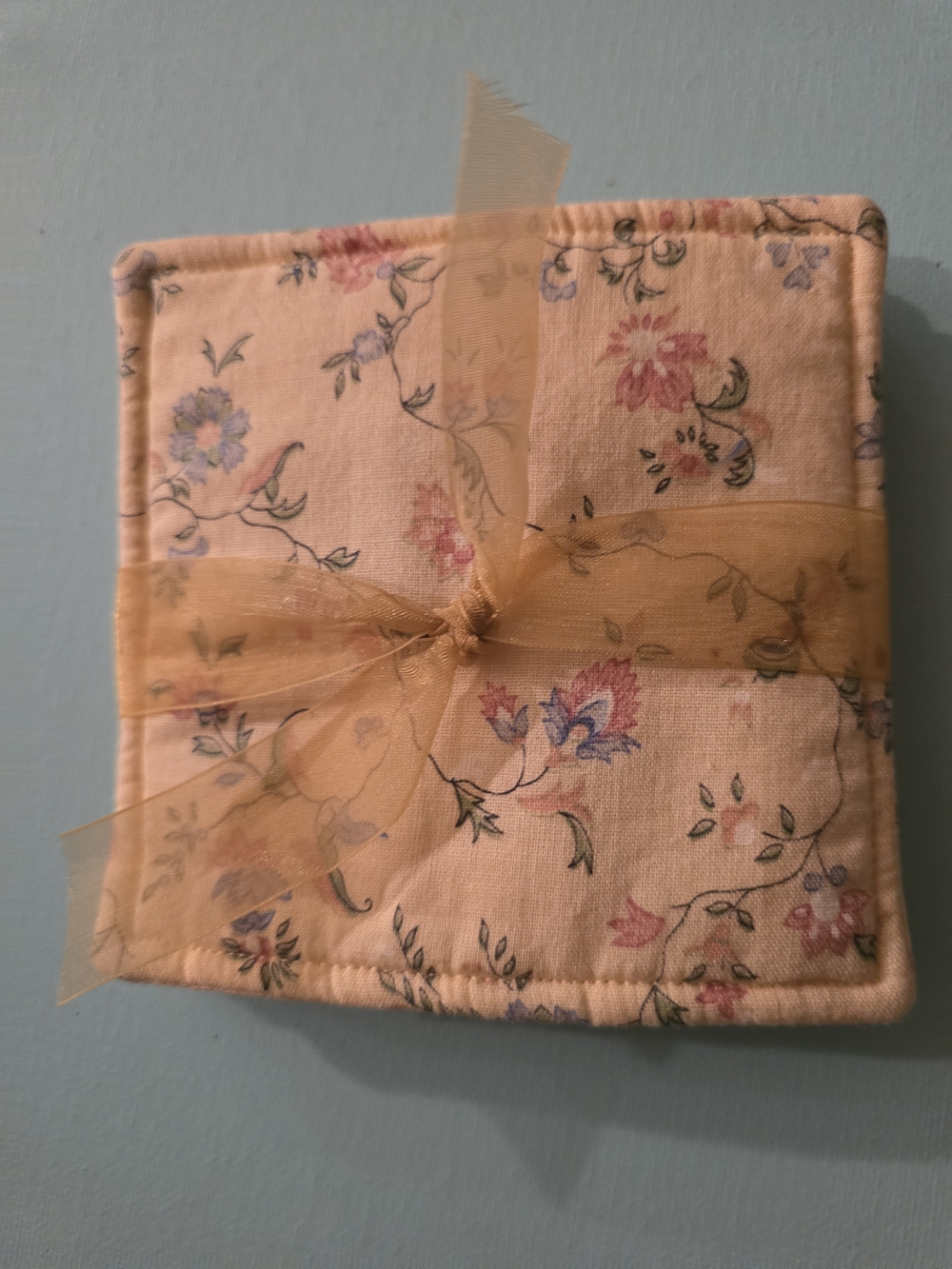 Floral Quilted Fabric Coaster Set with Gold Organza Bow